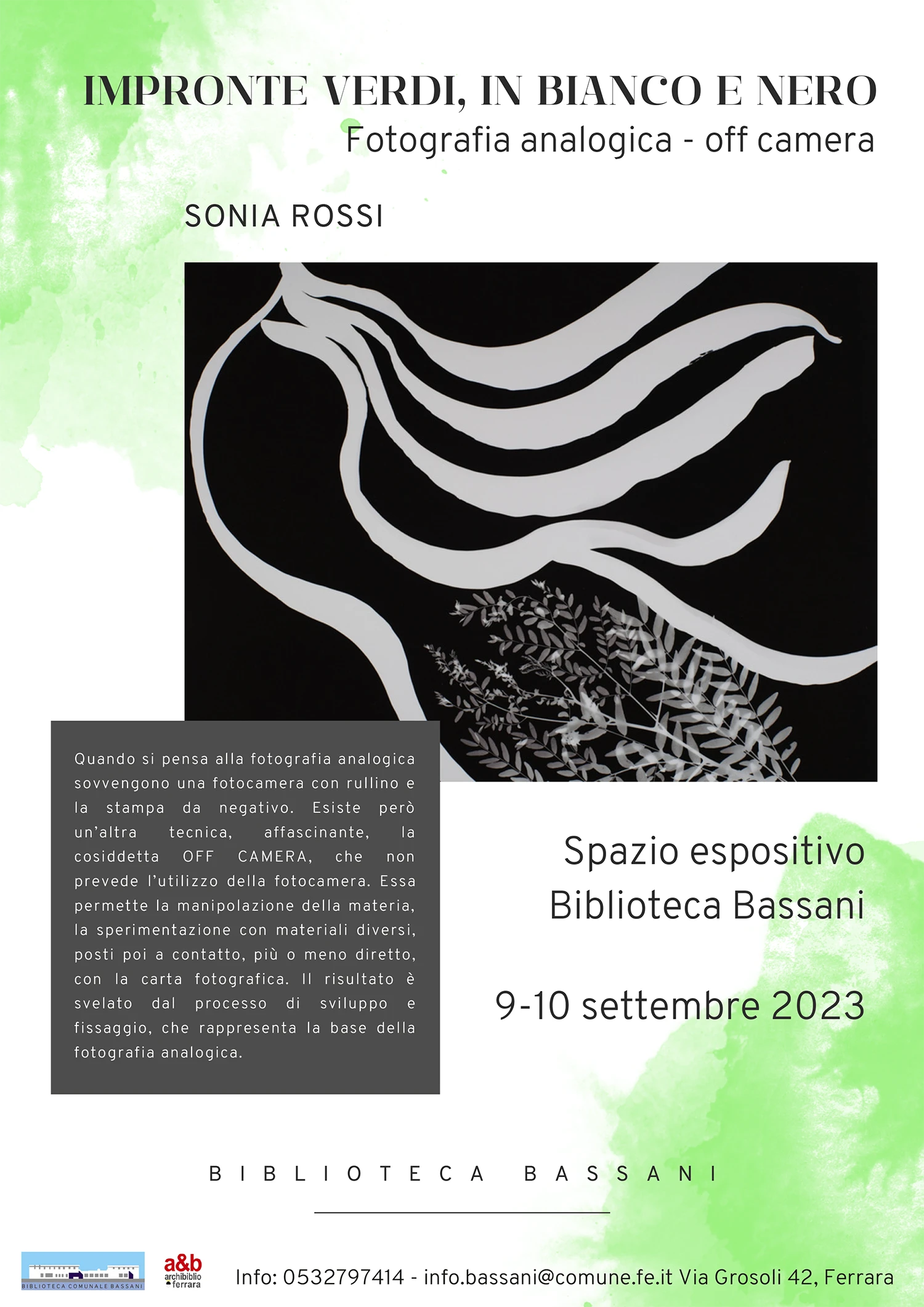 Sonia Rossi Fotografia analogica off camera Locandina mostra Impronte verdi in bianco e nero - Ferrara 2023