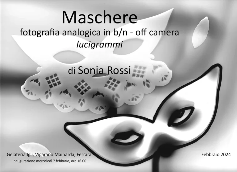 Sonia Rossi Fotografia analogica off camera Locandina mostra Maschere lucigrammi - Ferrara 2024